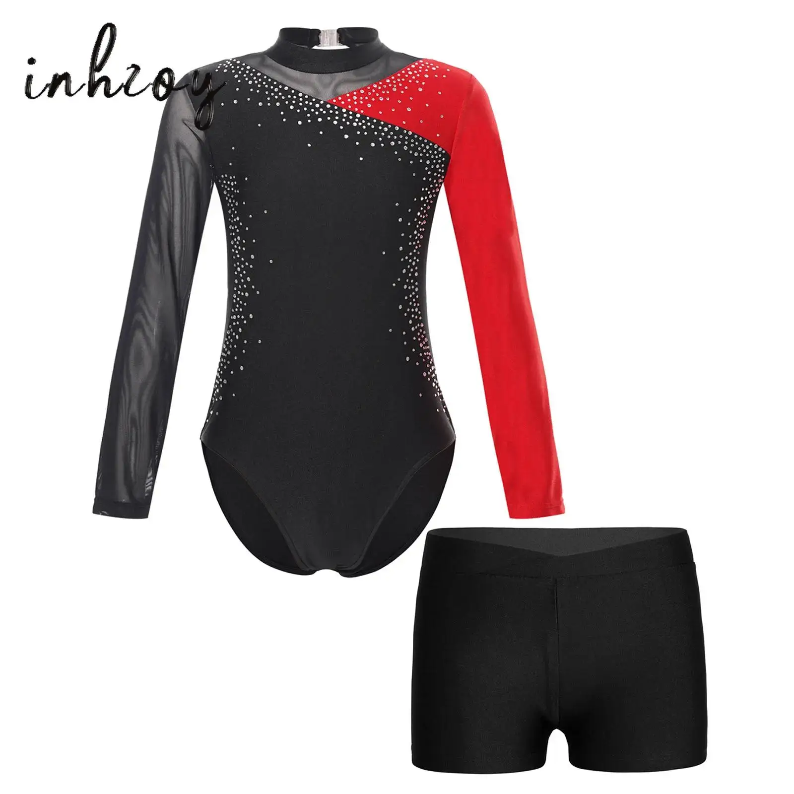 Kids Girls Long Sleeve Ballet Dance Outfits Rhinestone Gymnastics Leotards Jumpsuit with Shorts Dancewear Biketards Sets