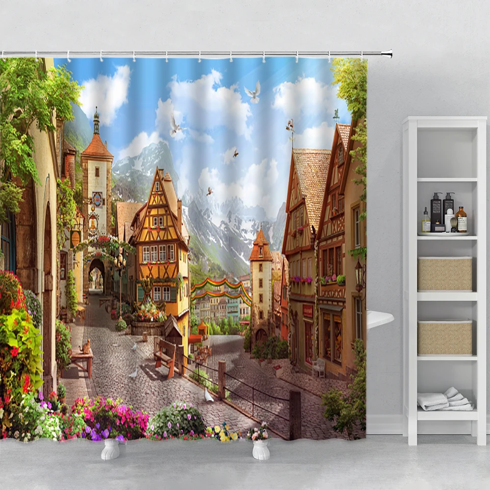 

Beautiful Germany Town Landscape Shower Curtain Oil Paint Landscape Home Decor Wall Hanging Cloth Bathroom Curtain Bath Screens