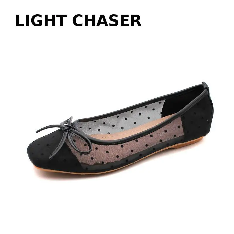 Square Toe Flat Shoes Women's Casual Loafers 2022 Spring And Summer New Polka Dot Breathable Mesh Bow Shallow Soft Sole Shoes