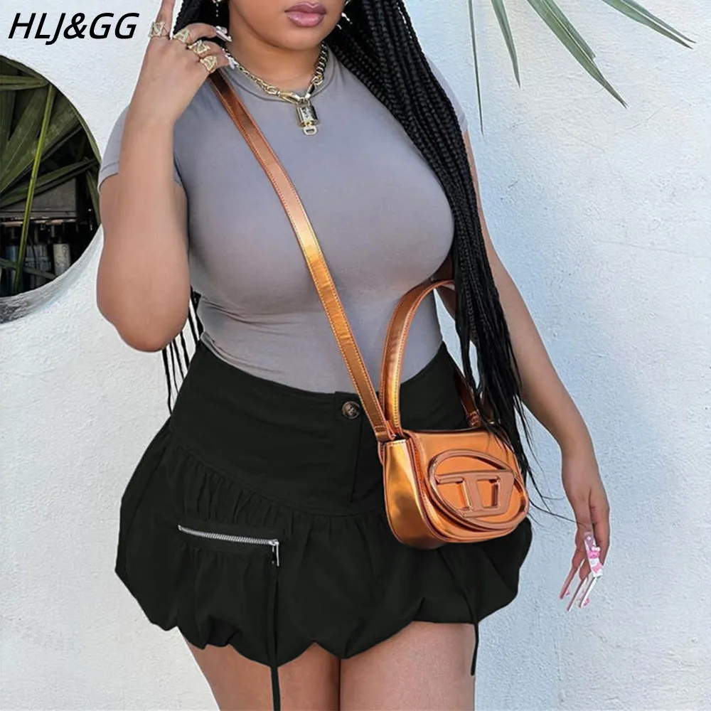 HLJ&GG Solid Color Fashion Cargo Skirt 2023 Summer Women Ruched Ruffles A-line Front Zipper Mini Skirts Streetwear Y2K Bottoms