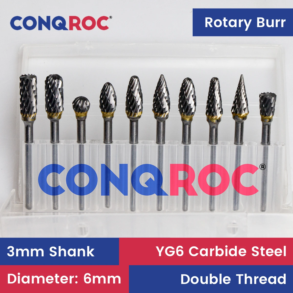 Rotary Burs Set 3mm Shank Diameter-6mm 10-Different-Type Tungsten Carbide Double Cut Milling Cutters for Dremel