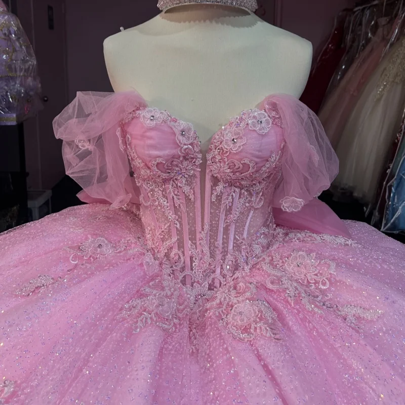 

Shiny Pink Quinceanera Dresses Off the Shoulder Glitter Decal Flower Long tail Bow Vestido De 15 Quinceanera Customize