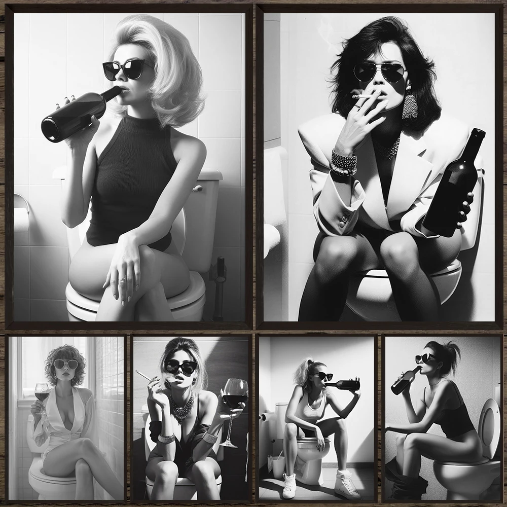 

Girl On Toilet Holding Wine Wall Ar Canvas Painting,Black And White Print Funny Trendy Bathroom Art Poster And Print Unframed