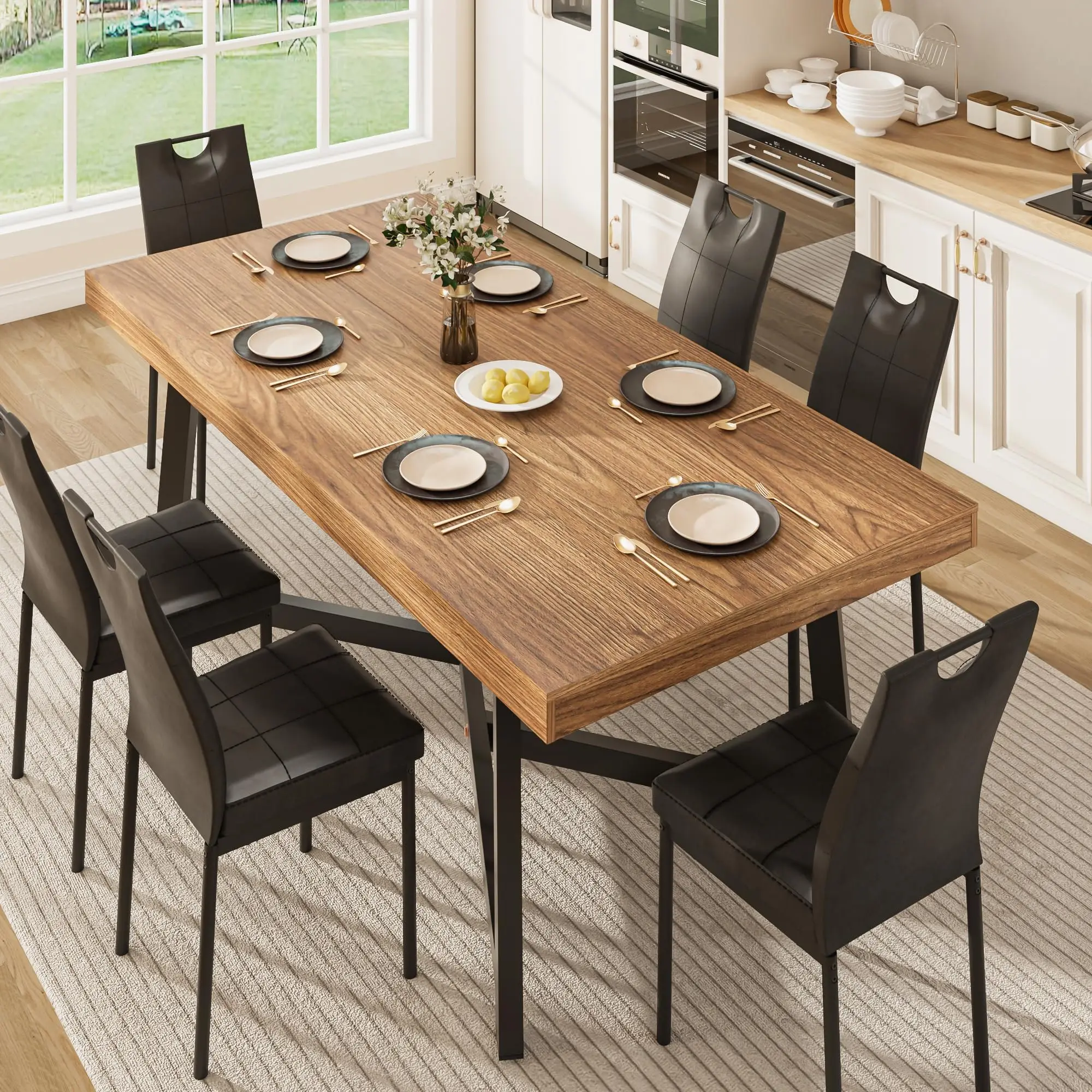 7 Pcs 71 inch Farmhouse Dining Table with Chairs Set for 6,Walnut