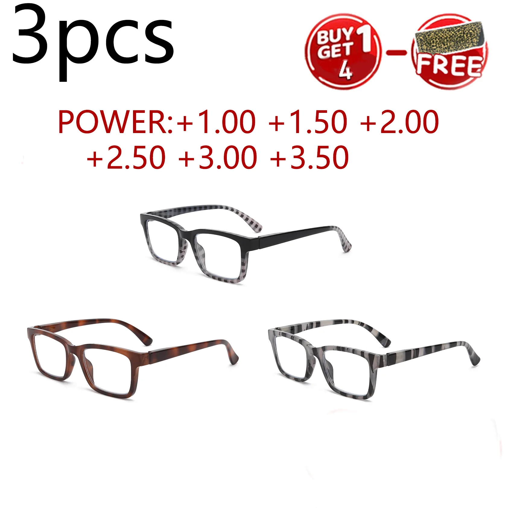 3 Pack Stylish Square Reading Glasses for Male Female Spring Hinge Blue Light Blocking Comfortable Fit Durable Construction