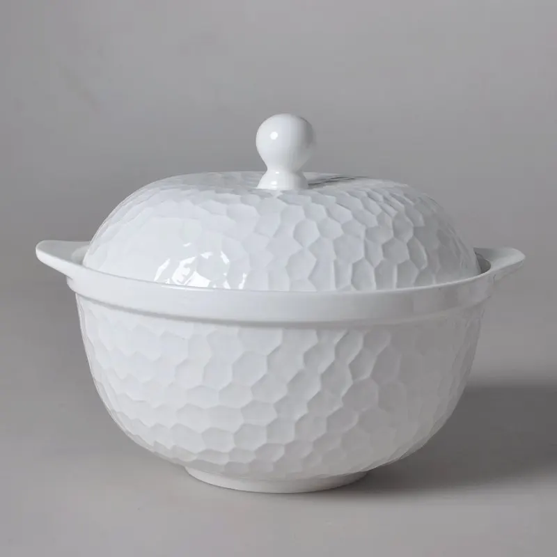 9 Inch, Plain White Bone China Tureen with Lid, Cute 3D Water Design, Buffet Dinner Serving Bowl, Soup Containers