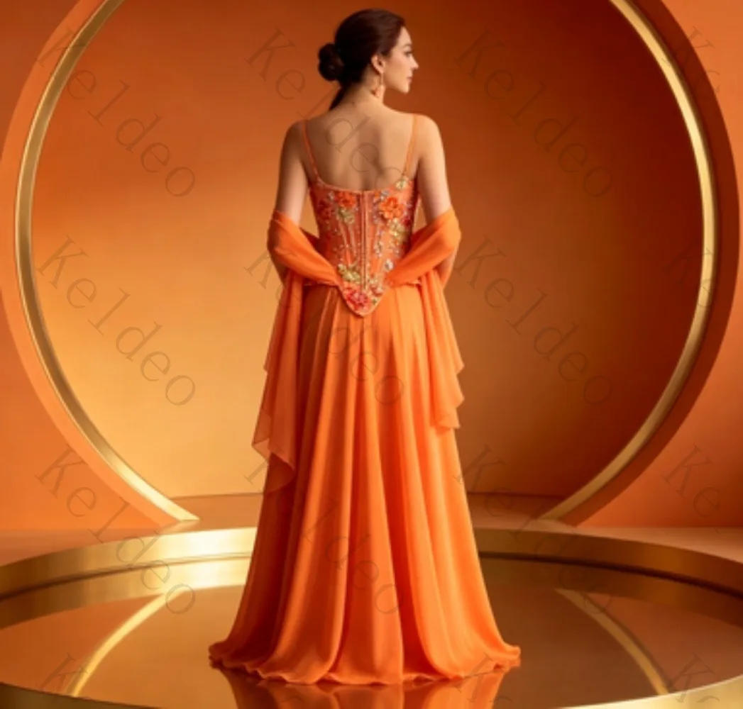 Customized Spaghetti Strap A-line Evening Dress Floral Embroidery Corset Bodice Chiffon Floor Length with Matching Shawl Formal
