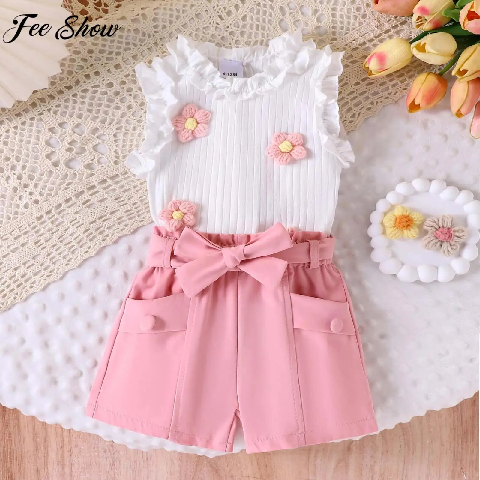 

Летний милый наряд для маленьких девочек, жилет в рубчик с 3D цветами и шортами, пояс для повседневной вечеринки, праздничной фотографии, домашней одежды