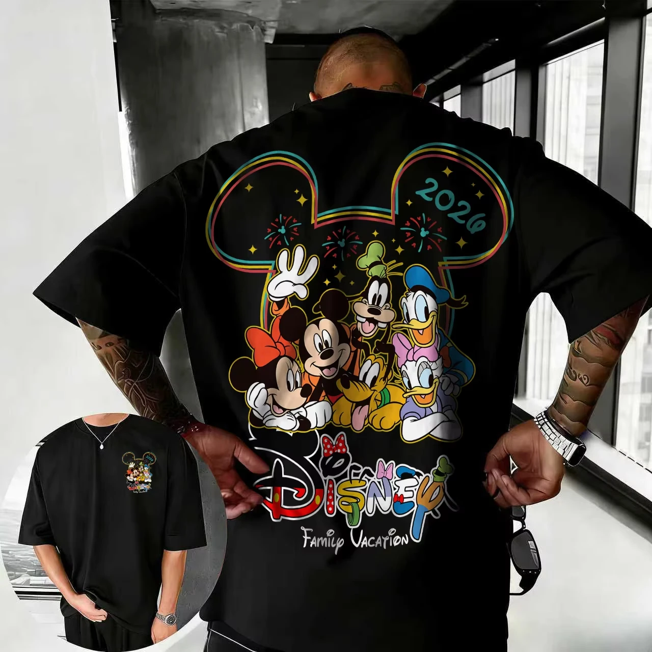 

Летняя футболка с изображением Микки Мауса и Дональда Дака от Disney, 2026, мужская модная хлопковая качественная повседневная свободная футболка с короткими рукавами, классическая унисекс-модель