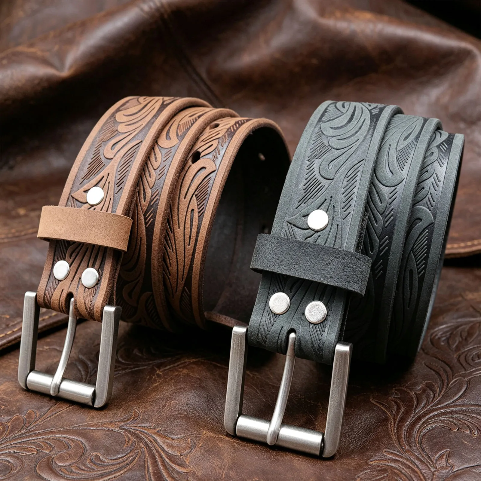 Rugged Full Grain Cow Leather Belt for Men, Ornate Floral Embossing Western Tooled Belt, Durable Metal Casual Cowboy Belt