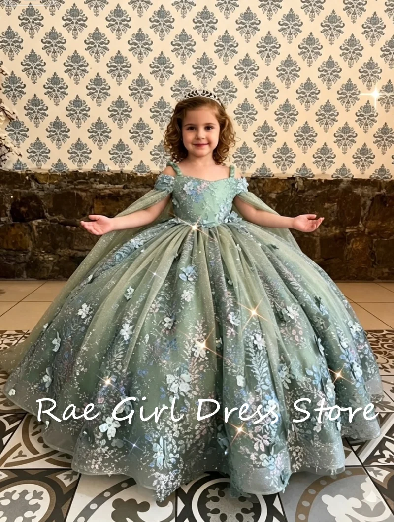 Green Flower Girl Dress Off Shoulder Spaghetti Straps Cape Sleeves 3D Floral Glitter Tulle Floor Length Ball Gown Wedding Custom