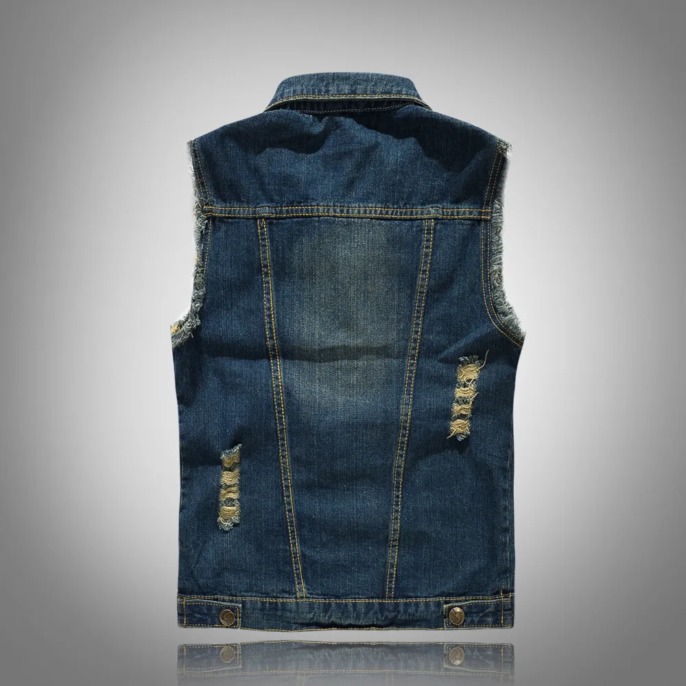 Men's Dark Blue Sleeveless Distressed Vest Jacket for Summer and Fall, Single-breasted Lapel Denim Coat, Asian Sizes M–6XL.