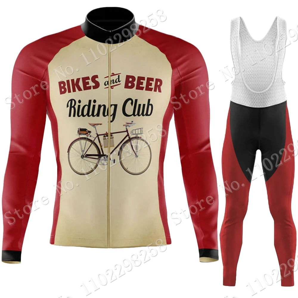 Winter Beer Riding Club Vintage 2023 Cycling Jersey Set Thermal Fleece Retro Clothing Long Sleeve Road Pants Bib Bike Suit MTB