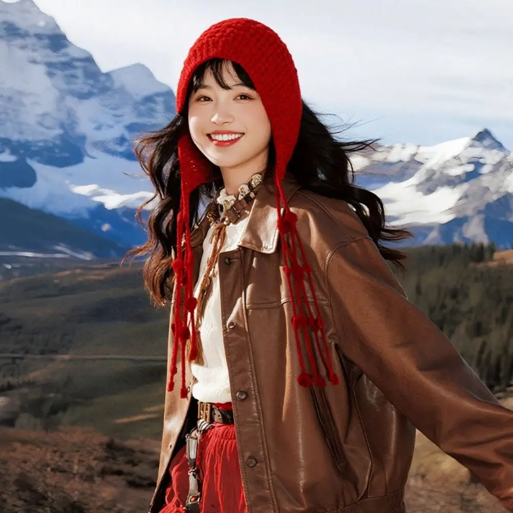 

Вязаная шапка с кисточками в богемном стиле, ручной работы, ажурная, в корейском стиле, аксессуар для одежды