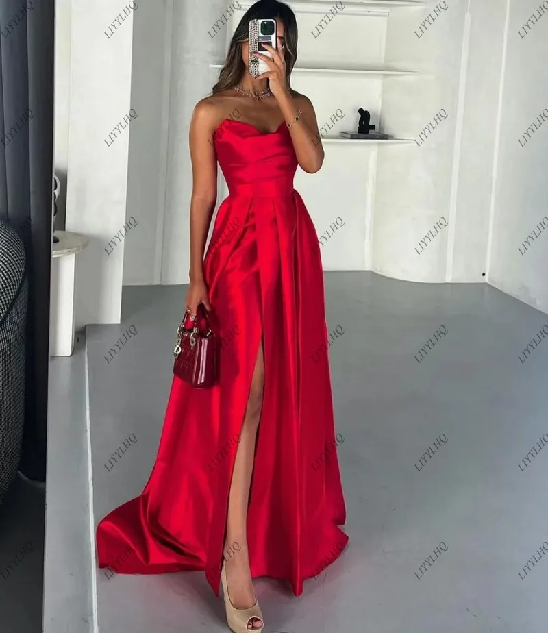 LIYYLHQ Simple Red A Line Evening Dresses Side Slits Prom Dress Sweetheart Long Celebrity Formal Occasion Party Gowns Gala Dress