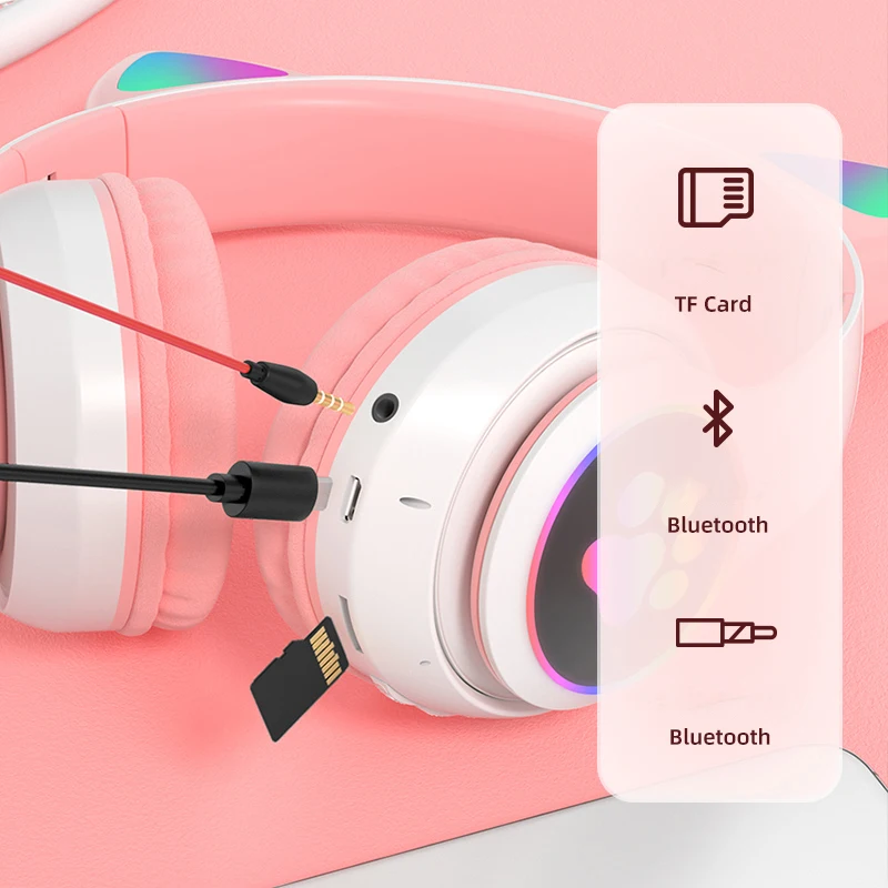 2025 New Flash Lamp Cute Cat Ears Headphone Bluetooth 5.0 Stereo Mic Support TF Card Wireless Earphone Kids Girl Birthday Gifts image 4