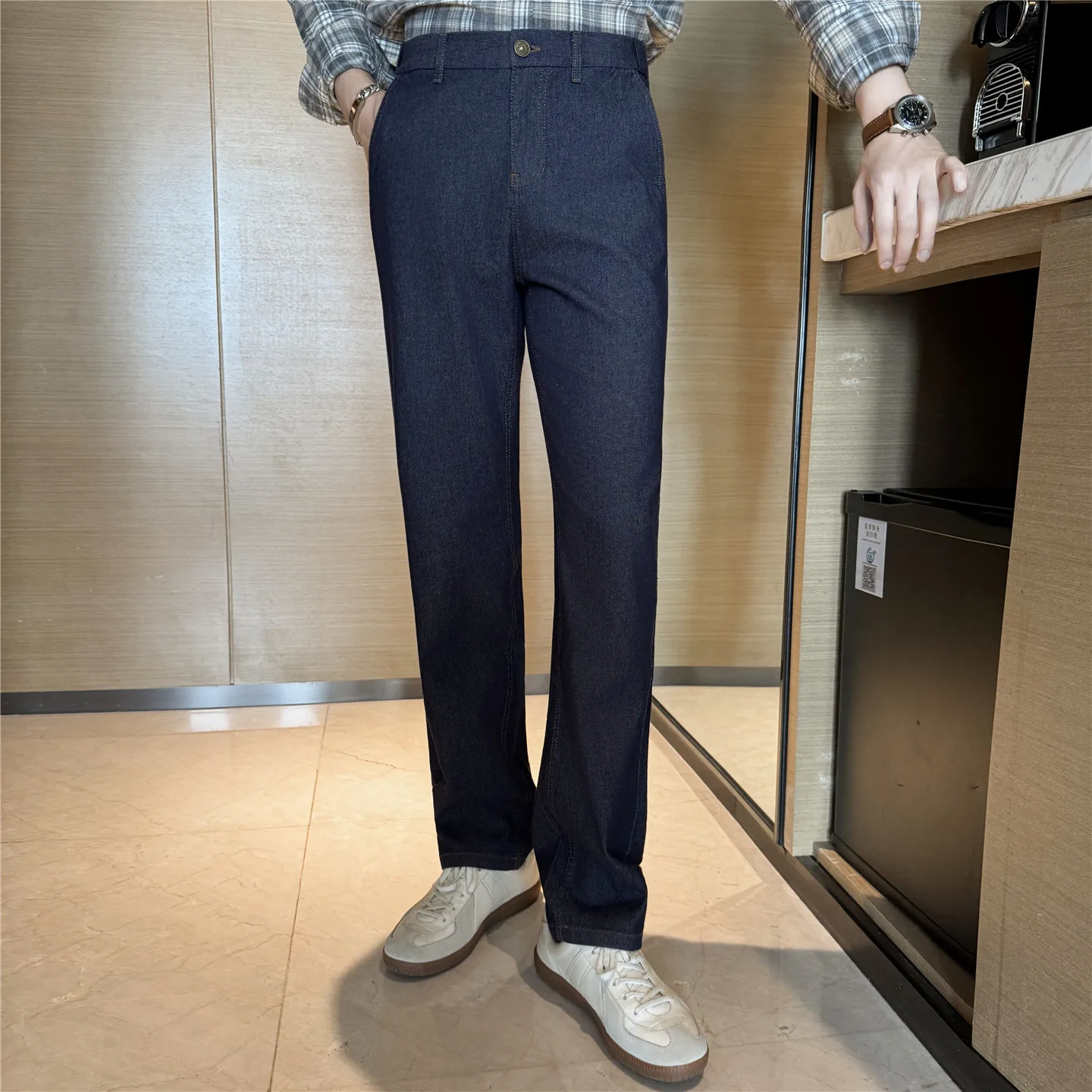 

Американские джинсовые брюки в стиле ретро, мужская одежда, 2021, высокое качество, невидимая эластичная резинка на талии, синие прямые джинсы, мужские брюки полной длины