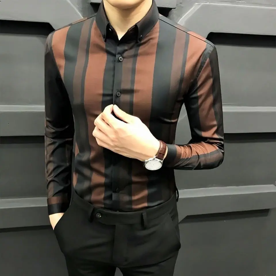 

Men's striped long sleeve shirt Korean fashion casual slim business shirt handsome top