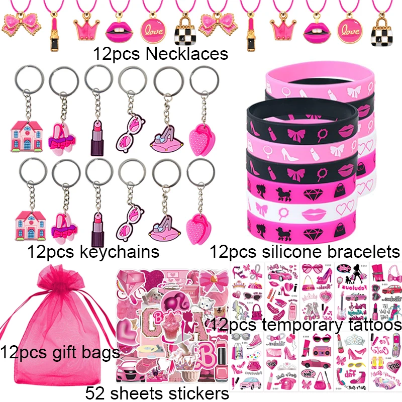 112pcs/82pcs Pink Girl Party Favors Stuffer Pink Keychains Bracelet Stickers Baby Shower Princess Birthday Party Gifts Christmas