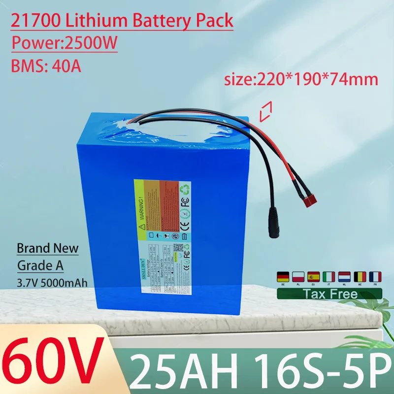 60V 25Ah 21700 16S5P akumulator litowo-jonowy 2500W akumulatory do elektronarzędzi zewnętrzne akumulatory zapasowe z 50A BMS + 67.2V 5A ładowarka