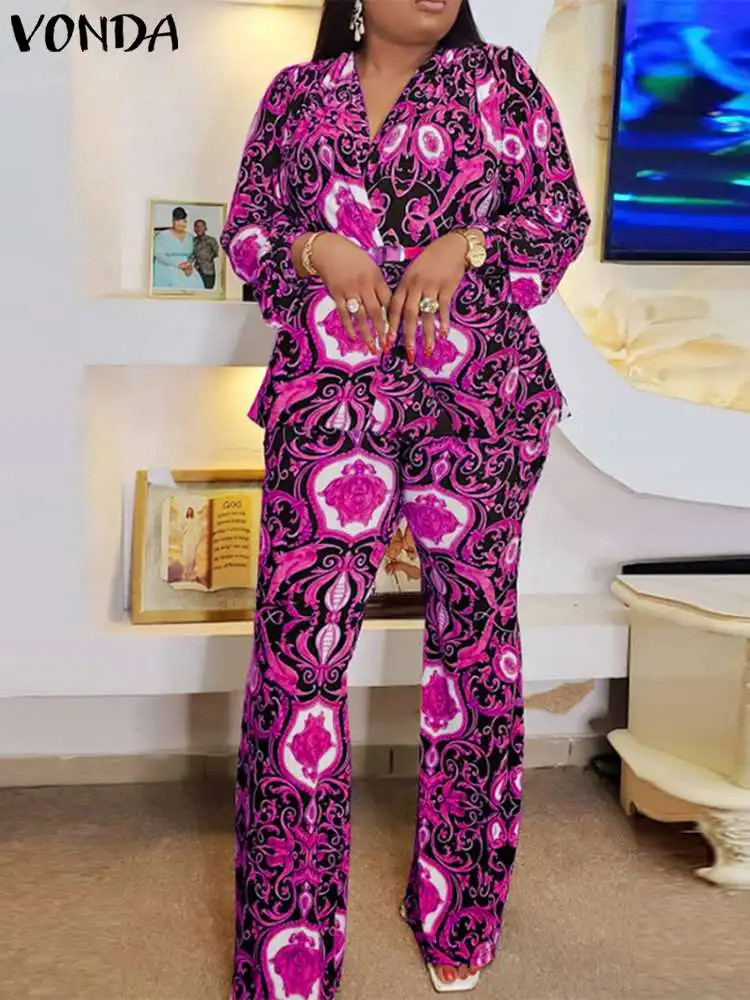 

Elegant Office Pant Sets 2024 VONDA Women Printed 2PCS Sets Casual Loose V-Neck Long Sleeve Tops and Trousers Bohemian Suits