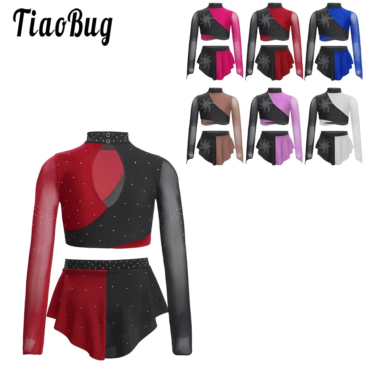 Kids Girls Figure Skating Gymnastics Lyrical Dance Costume Outfits Sheer Mesh Long Sleeves Rhinestones Crop Top with Skirts Set