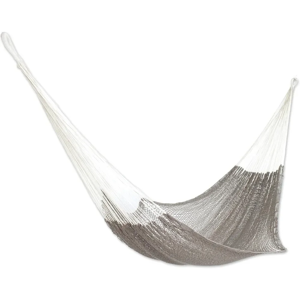 Grey Hand Woven Cotton Mayan 1 Person Rope Hammock With Hanging Accessories, Ashen Beach' (Single)|||