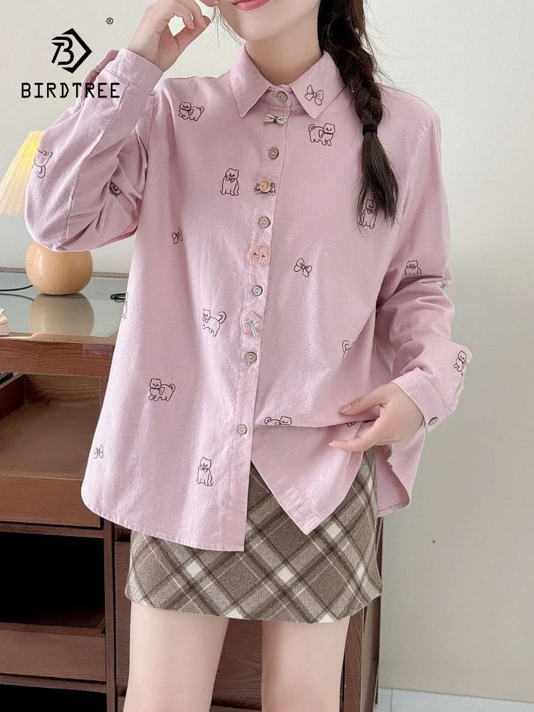 

Новинка 2025, осенняя хлопковая матовая рубашка с длинными рукавами, женская рубашка с отложным воротником и вышивкой, свободная блузка Mori Girl для снижения возраста T59025CC