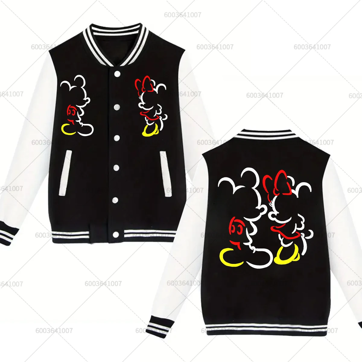 

Пара Disney Микки и Минни Маус, мужская и женская бейсбольная куртка, осенне-зимние классические пальто, флисовые уличные толстовки с круглым вырезом, топы