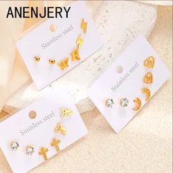 ANENJERY 316L Stainless Steel 6 Pieces Star Moon Zircon Earring for Women Simple Delicate Jewelry Gifts Wholesale