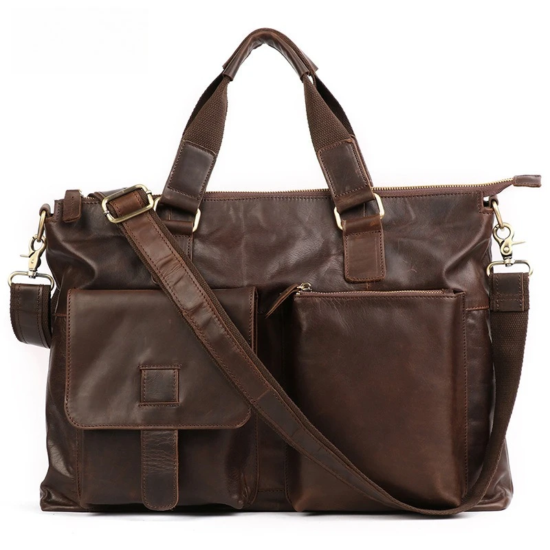 Men's Genuine Leather Business Briefcase 17-Inch Laptop Bag Horizontal Shoulder Cowhide Top Layer