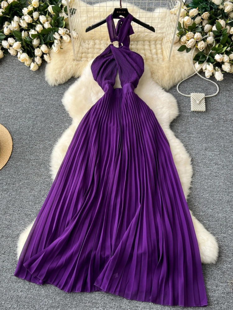 Women Purple Pleated Long Dress Summer Sexy Hanging Neck Beach Dresses Ladies Hollow Cross Backless Boho Long Robe Vestidos