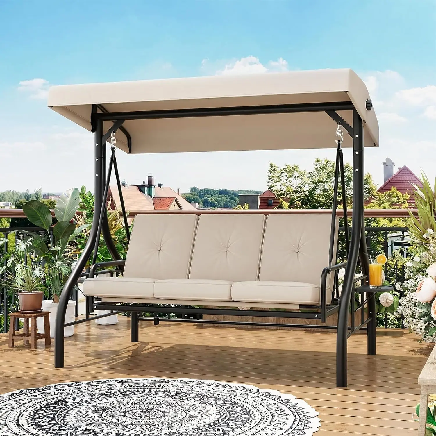 3-Seat Outdoor Porch Swing with Adjustable Canopy, Convertible Patio Swing Bed with Stand, Thick Cushions, Pillows & Cup Holders