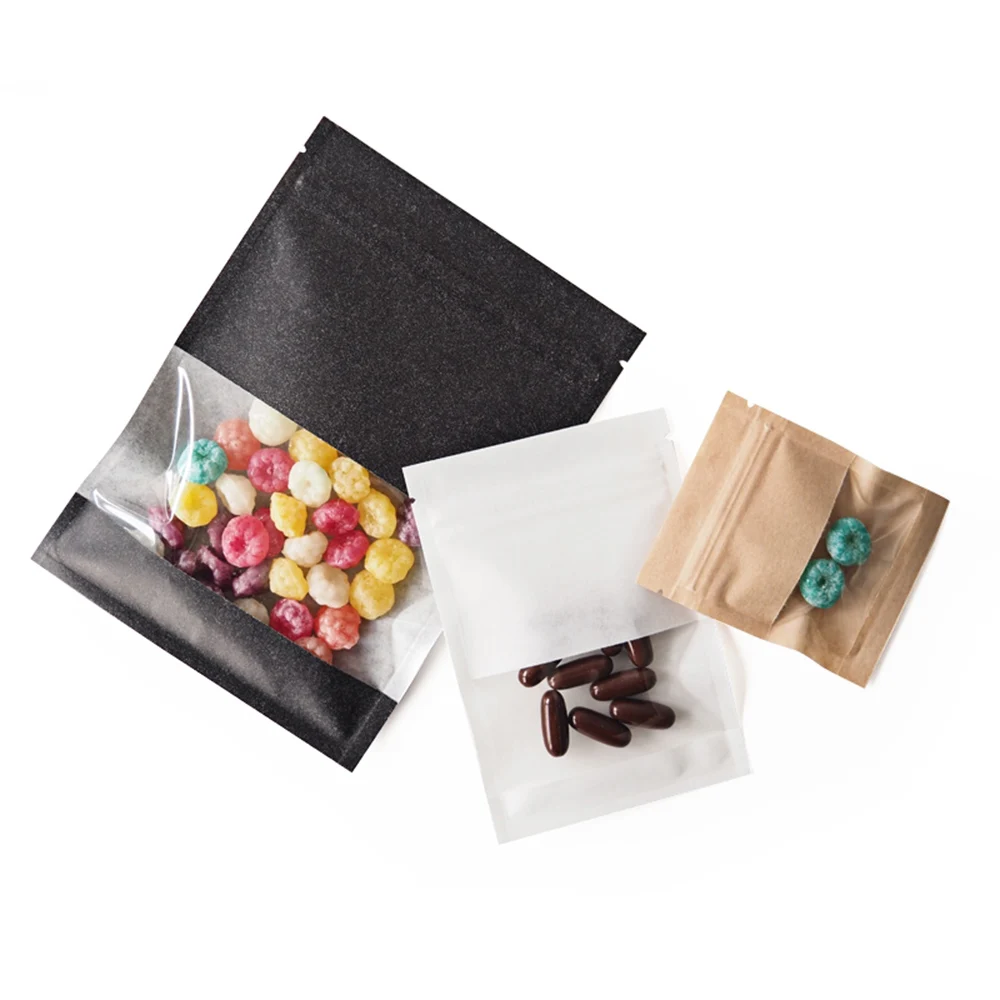 100pcs/Lot Small Brown/White/Black Kraft Paper Ziplock Bag with Window Food Earring Jewelry Packaging Pouches