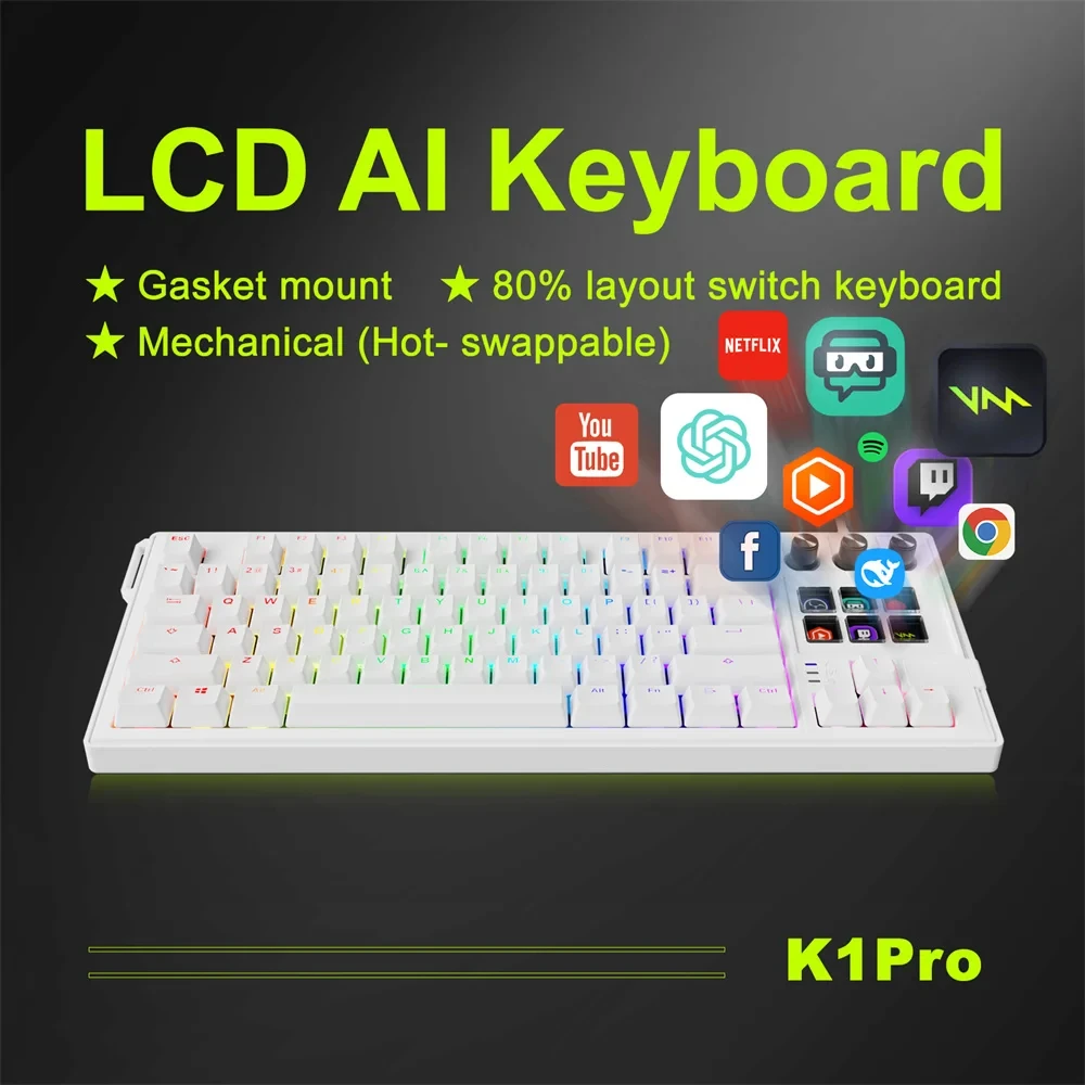 Mirabox K1 PRO Visual AI Mechanical Wired Gaming Keyboard With Macro RGB LCD Red Axis Hot-Swappable Keyboard For PC Computer