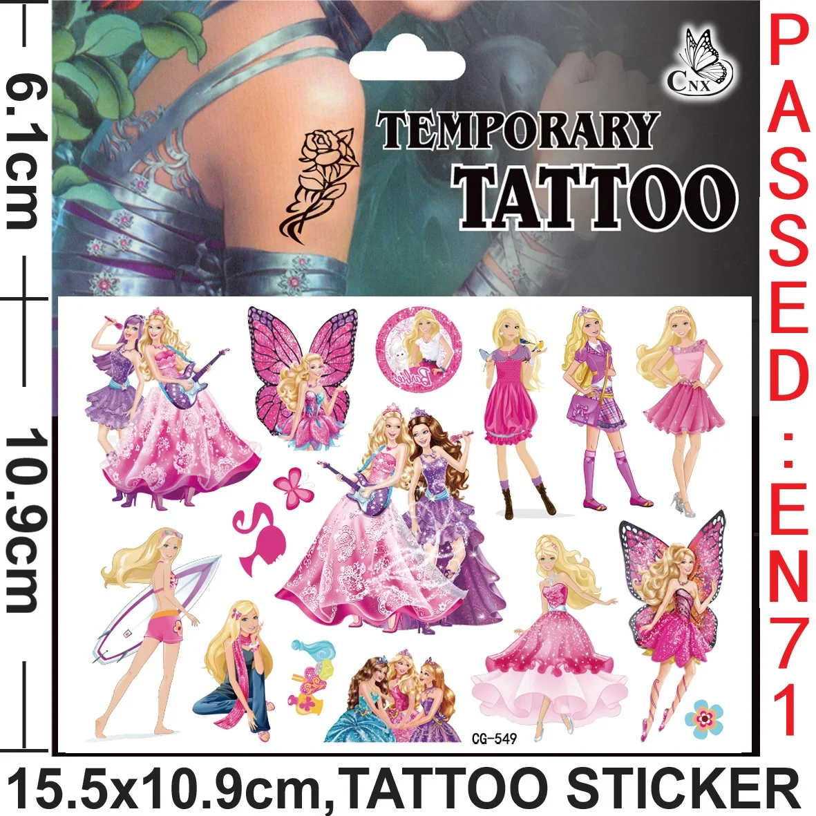 Pegatinas de tatuaje de Barbie para niñas, calcomanías impermeables de dibujos animados rosas, decoración de fiesta de Cosplay, regalos de Navidad