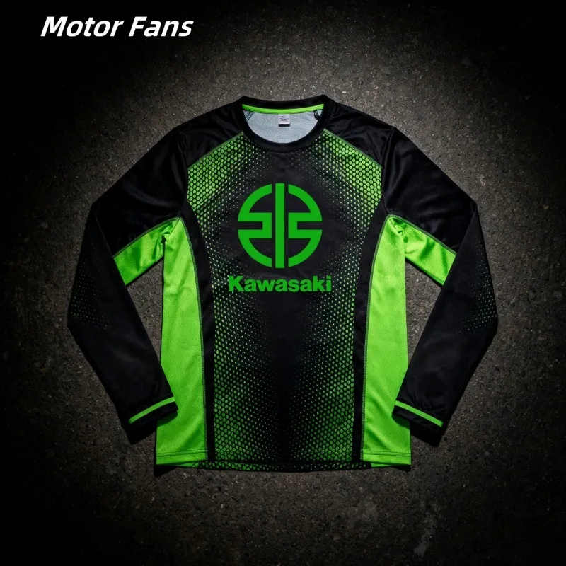 

Moto Fans Kawasaki Long - Sleeve Jersey with Green Logo & Contrast Design For Men And Women Outdoor Quick Drying Downhill Shirt