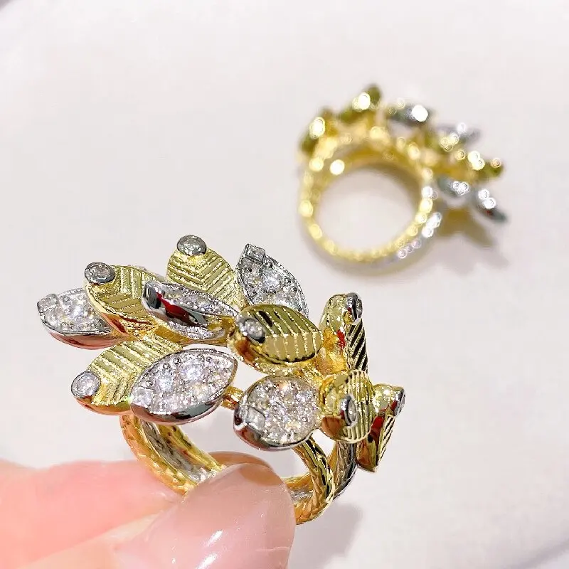 KQDANCE 925 Sterling Silver Luxurious Retro Multi-layered Leaf-shaped Ring With Gold-plated Women's Jewelry Accessory