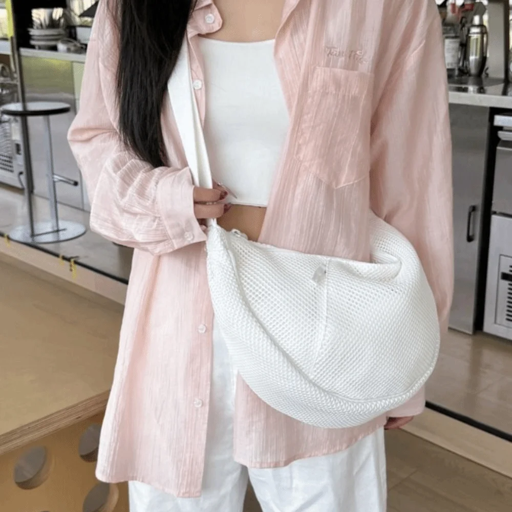 

Cute Korean Style Nylon Mesh Crossbody Bag Handbag Adjustable Dumpling Bag Fashionable Solid Color Shoulder Bag Student