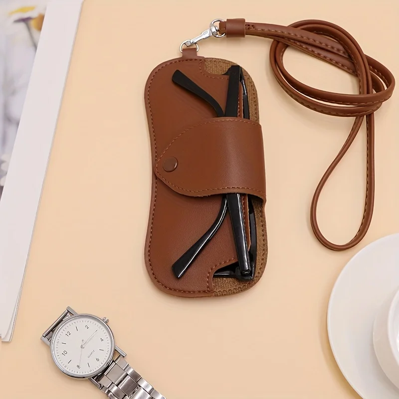 Fashionable PU Leather Eyeglass Case, Durable PU Glasses Pouch with Neck Strap Eye Glasses Sunglasses Case image 5