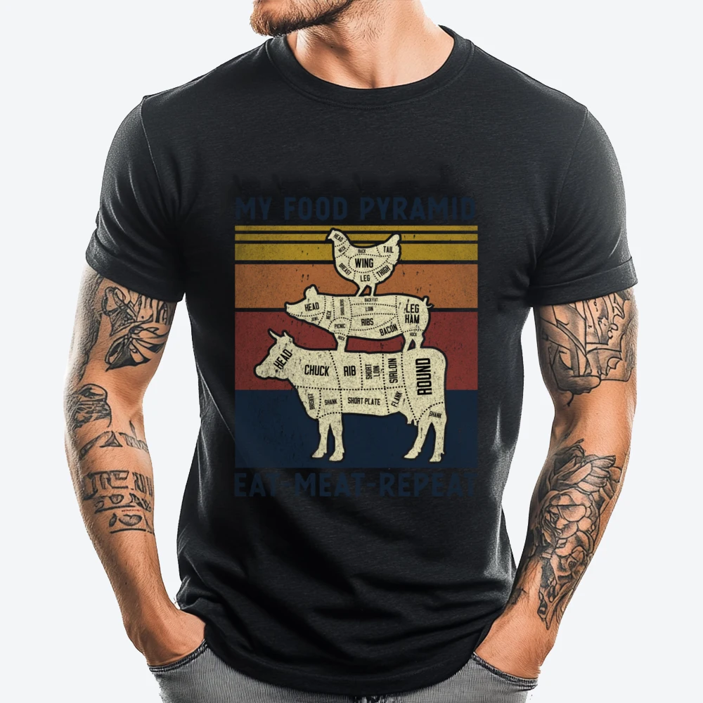 

My Food Pyramid Eat Meat Repeat Retro Bbq Joke Mens Korean Fashion Christmas Shirt Design