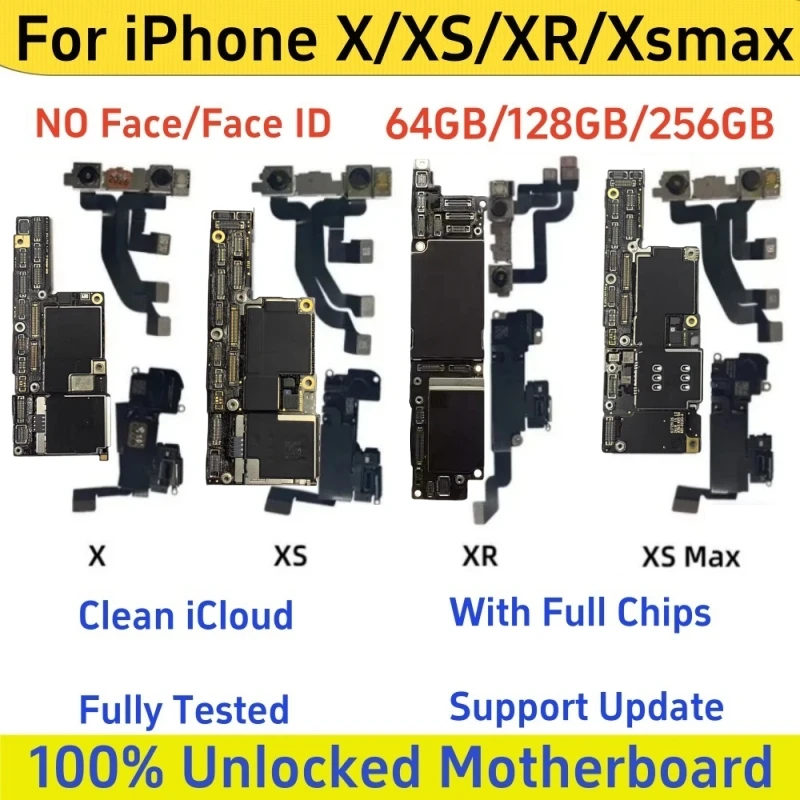 100% Fully Unlocked For iPhone X XR with Face ID Mainboard Logic Board, Free iCloud For iPhone XS Max Motherboard Support Update