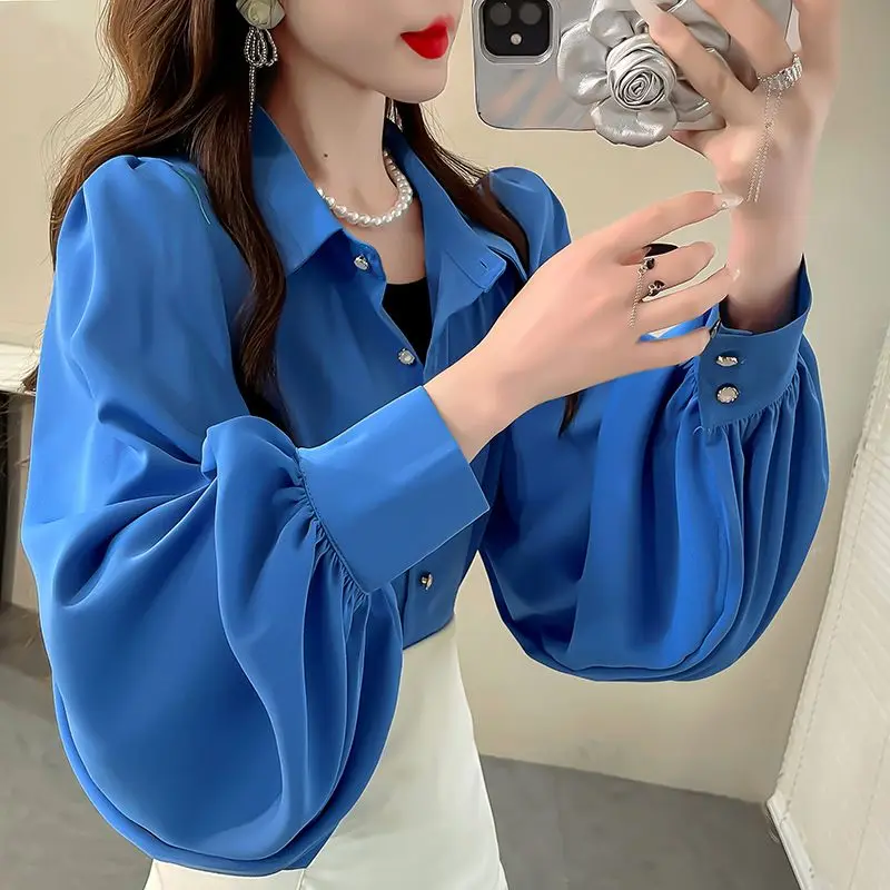 เสื้อลายดอกไม้สีทึบ Elegant Lantern Sleeve ผู้หญิง Top Plus ขนาดเสื้อแขนยาว