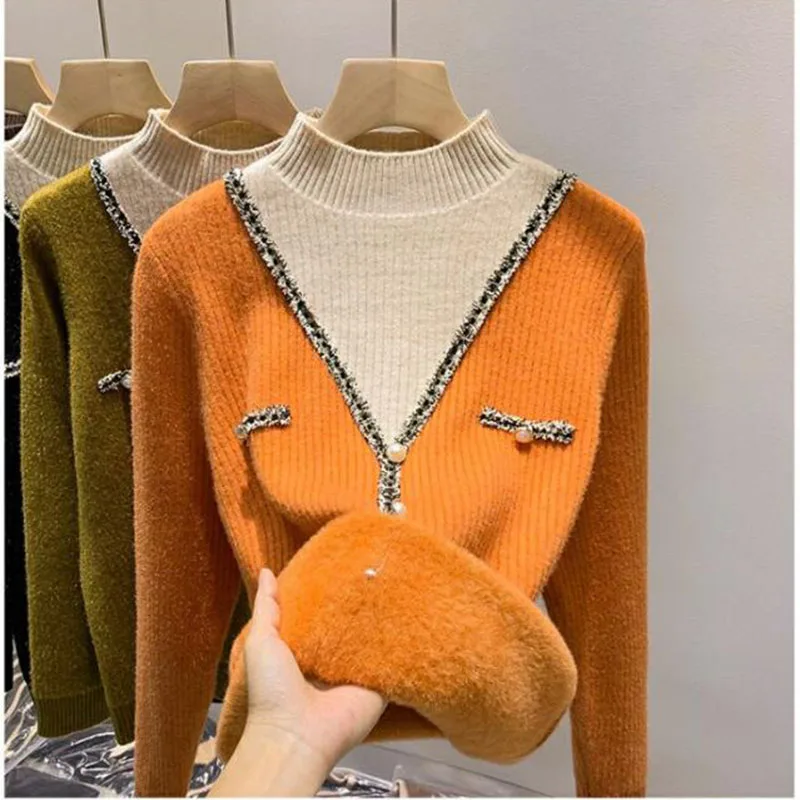 One Piece Velvet Thicke High Neck Fake Two Piece Women Sweater 2024 Winter Color Blocked Knitted Base Sweater Female Jumper Tops