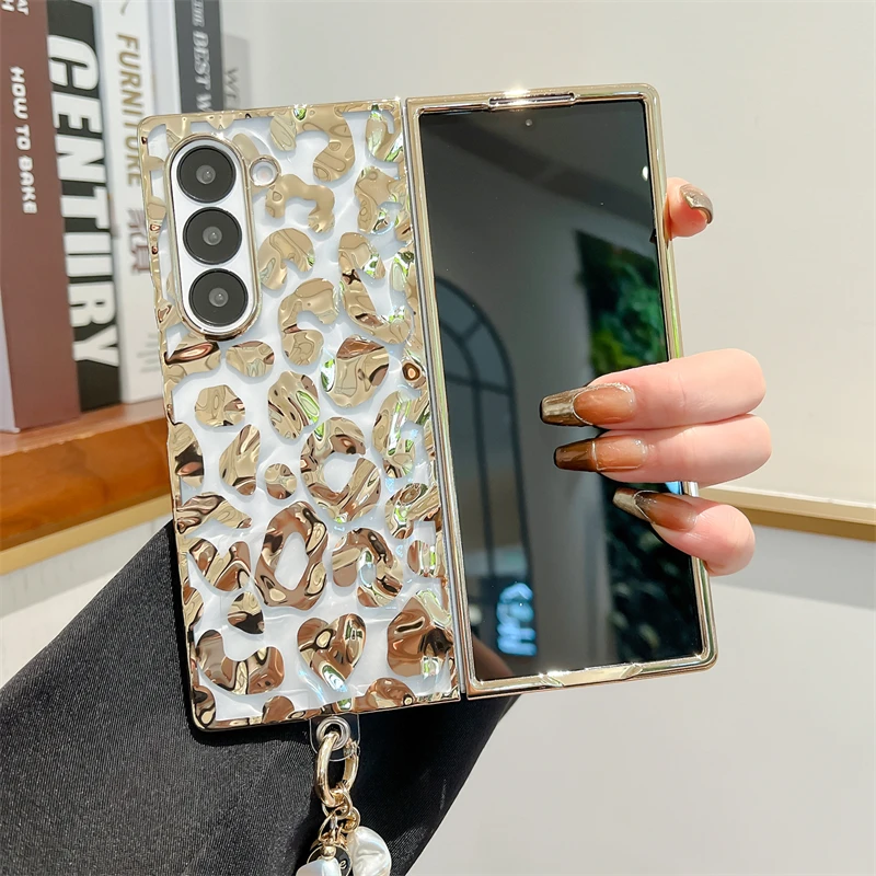 For Samsung Galaxy Z Fold 6 Luxury Classic Leopard Wave Shockproof Pearl Chain Phone Case Cover_voghion.com
