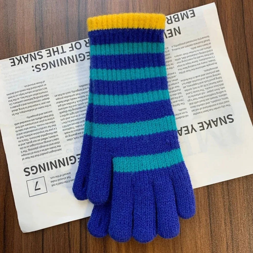 1 Pair Colorful Striped Knitted Gloves Touchable Screen Thickened Full Fingered Gloves Warm Lengthened Winter Women's Gloves