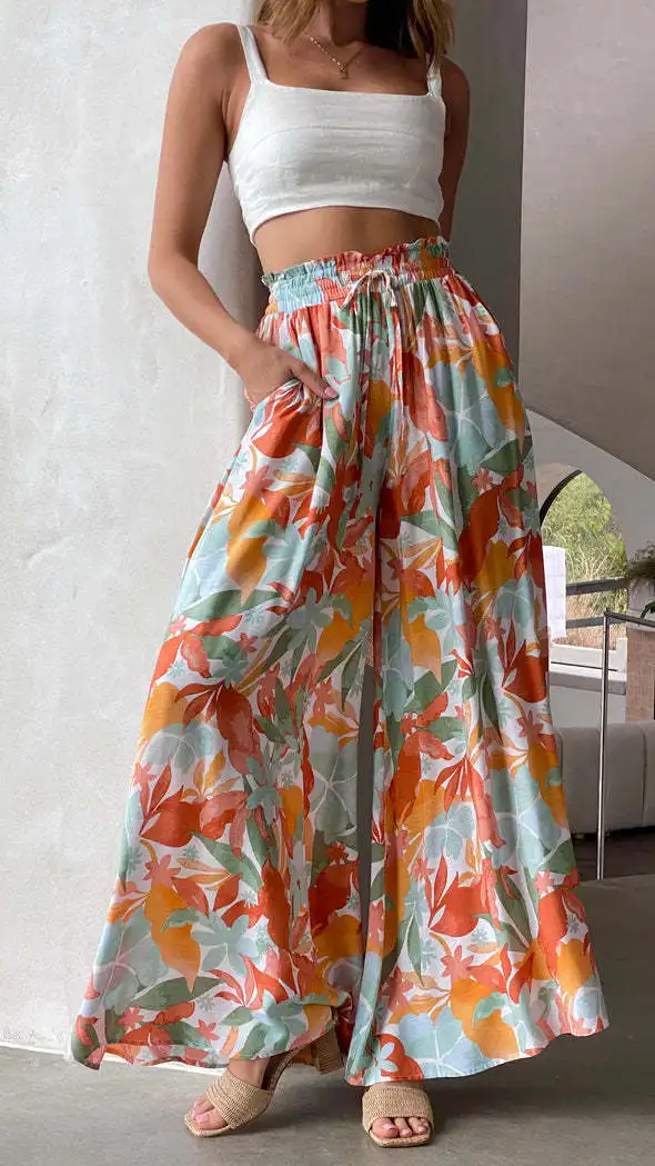 Women Print Pants Casual Wide Leg Pant Drawstring High Waist Floor Lenth Medium Strech Loose Fit Thin Office Lady 2025 Summer