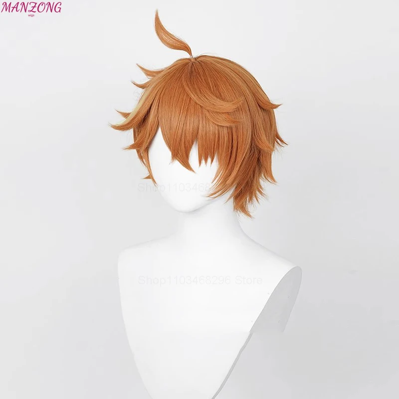 Wig Cosplay Tartaglia, Wig sintetis tahan panas rambut pendek oranye coklat 30cm, pesta Halloween