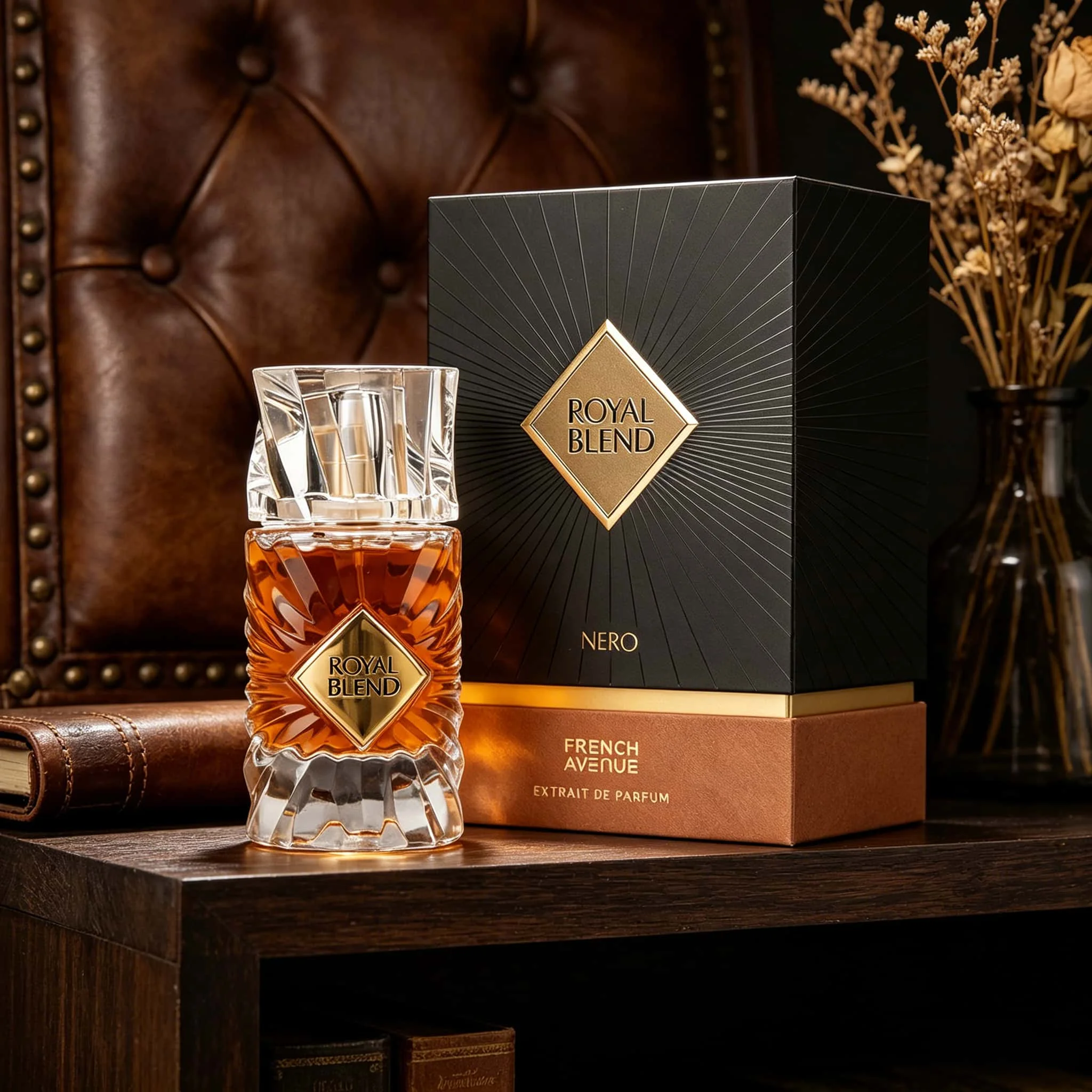 French Avenue Royal Blend Nero Extrait de Parfum, Aroma Unisex con Notas de Bergamota, Vainilla, Azafrán, Tonka, Benzoin, Cálido, Especiado y Amaderado