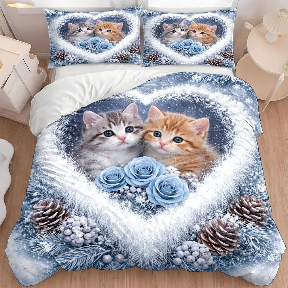 3Pc Cute Cat and Floral Theme Duvet Cover Set, Three-Piece Bedding Set (1*Duvet Cover + 2*Pillowcases), Suitable for All Seasons, Machine Washable, Invisible Zipper Design, Large Double Bed Cover Set, Suitable for Home, Dorm, Master Bedroom, Guest Room, Christmas-Themed Plush Heart Cat Print Bedding, Skin-Friendly and Comfortable Three-Piece Bedding Set, Duvet Cover with Pinecone and Berry Decorative Patterns, Hot-Selling Bedroom Bedding Set 2D Flat Print